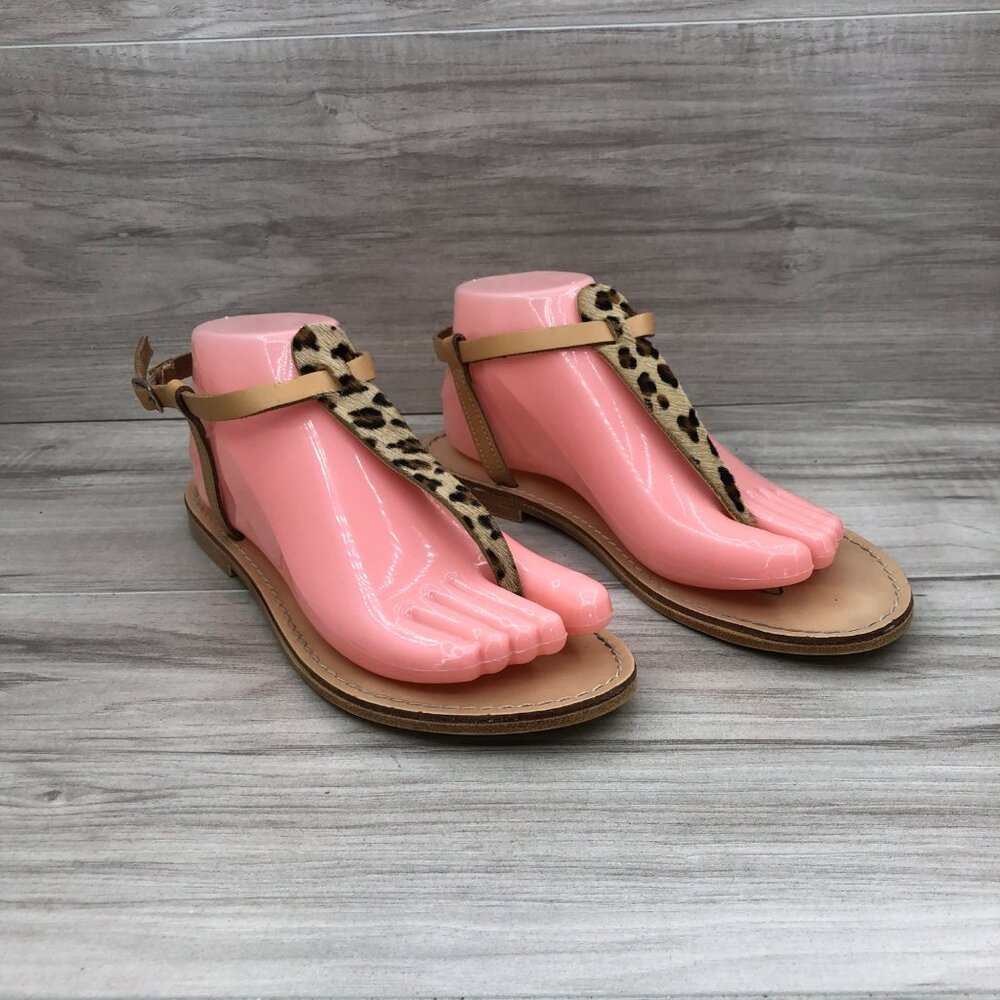 Sophia Milano Sandals Womens 7 Calf Hair Leather Leopard Print Thong Flat Shoes